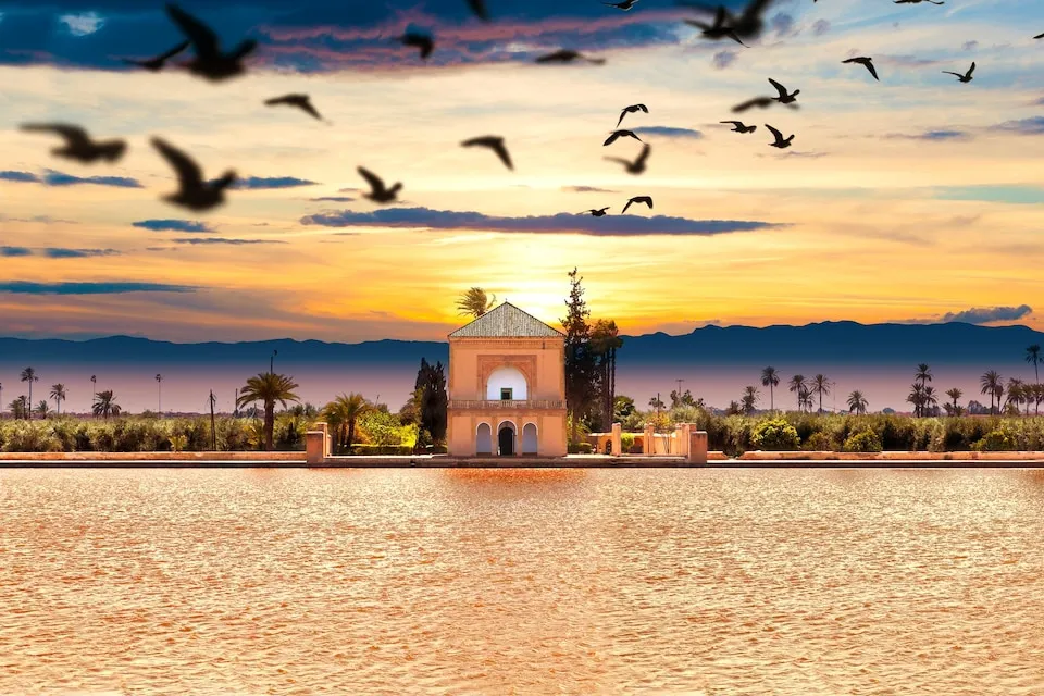Menara Gardens at sunset in Marrakech – DiscoverMoroccoNow Morocco travel attraction