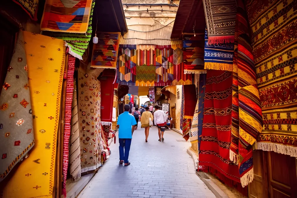 A colorful textile market in Fes Souk, a top thing to do in Fes, with stalls displaying vibrant rugs and fabrics in red, yellow, and blue, as locals and tourists browse the narrow alley, a key Fes Morocco attraction.