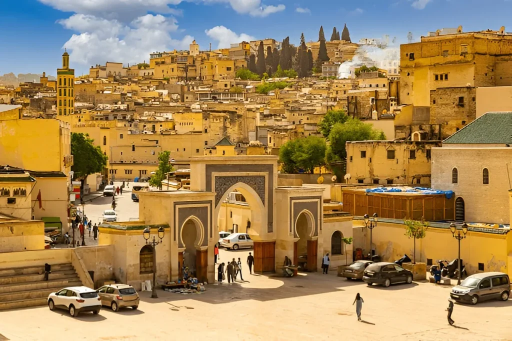 alley in the Fes Souk, a top thing to do in Fes, with stalls of colorful spices, woven baskets, and traditional goods, a key Fes Morocco attraction.