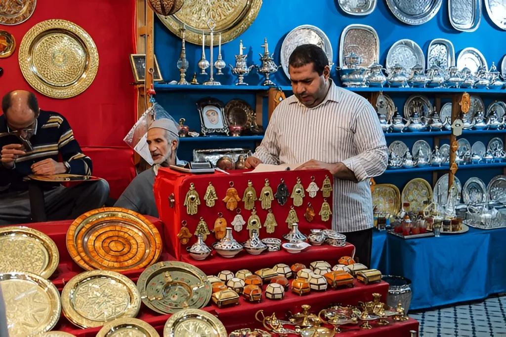The bustling souk market in Fes, a shopping haven for things to do in Fes, with a stall of metal trays, teapots, ceramics, and Hamsa amulets, a key Fes Morocco attraction.